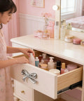 Pink And Silver Bow Dresser Knobs For Kids Rooms, Zinc Alloy 3D Decorative Drawer Pulls on white drawer in girls' room
