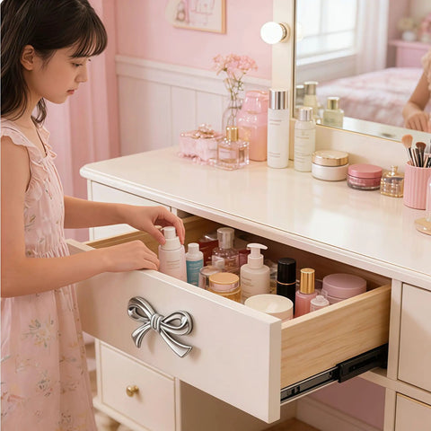Pink And Silver Bow Dresser Knobs For Kids Rooms, Zinc Alloy 3D Decorative Drawer Pulls on white drawer in girls' room