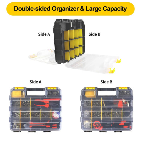 Double Sided Tool Box Organizer For Hardware Storage, 34 Compartments, Portable Case with Clear Lid, open and filled view
