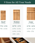 Compact Bamboo Kitchen Drawer Organizer Grooved Slots showcasing small, medium, and large sizes for silverware and utensils.
