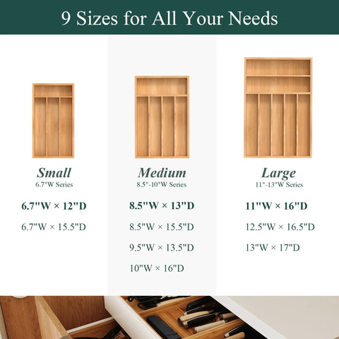 Compact Bamboo Kitchen Drawer Organizer Grooved Slots showcasing small, medium, and large sizes for silverware and utensils.