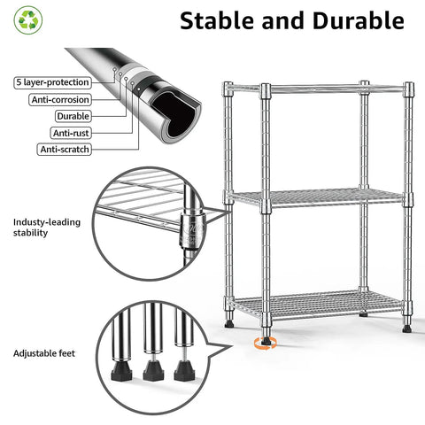 450 Lb Wire Storage Shelving Rack 3 Tier Steel Organizer For Home Kitchen Office Chrome Finish Sturdy Metal Shelving Unit
