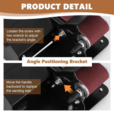 Heavy Duty Badass Mini Belt Sander And Bench Grinder Combo Angle Positioning Bracket detail with adjustment screws for sanding belt.