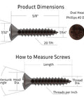 Kick Up Your Craft With These Rock Solid Number Five By Five Eighths Inch Antique Copper Plated Phillips Oval Head Wood Screws technical specifications and measurements.