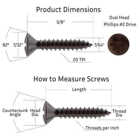 Kick Up Your Craft With These Rock Solid Number Five By Five Eighths Inch Antique Copper Plated Phillips Oval Head Wood Screws technical specifications and measurements.