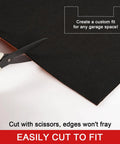 Close-up of Oil Spill Mat For Garage Floor Absorbs Oil And Liquids With Waterproof Backing Keeps In Place Reusable Washable Heavy Duty being cut with scissors.