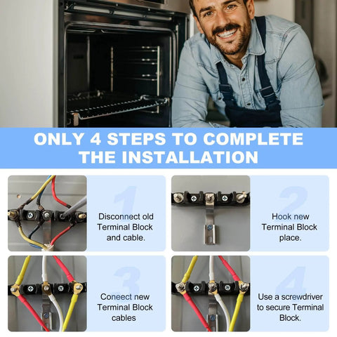Installation guide for Electric Range Terminal Block W10245259 0306379 Compatible With Whirlpool Models, showing four steps.