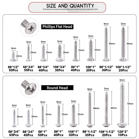 Front view of Hilitchi stainless steel Phillips flat-head and round-head self-tapping screw assortment kit, 570 pieces.