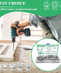 Person assembling furniture with a drill, showcasing Heavy Duty Furniture Cam Lock Assortment Box With 125 Pieces Cabinet Connector Bolts And Nuts.