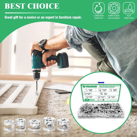 Person assembling furniture with a drill, showcasing Heavy Duty Furniture Cam Lock Assortment Box With 125 Pieces Cabinet Connector Bolts And Nuts.