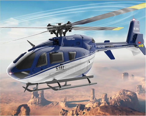 C187 RC Helicopter For Adults And Beginners With Optical Flow Positioning in flight over a desert landscape