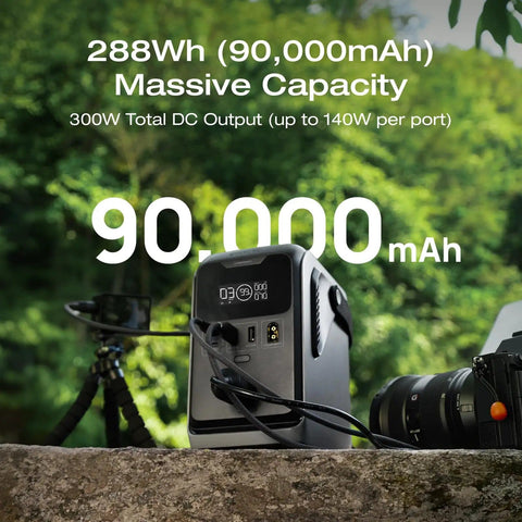 Trail 300 DC Power Bank Station 288Wh Portable Solar Generator next to camera and tripod outdoors