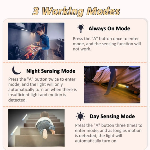 "16 Inch Motion Sensor LED Under Cabinet Lights 3 Pack showing always-on, night sensing, and day sensing modes for versatile use."