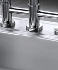 Close-up of 33 Inch Self-Rimming Double Bowl Kitchen Sink In Brushed 304 Grade Stainless Steel, 22 Gauge, with sound dampening pads.