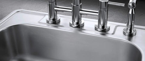Close-up of 33 Inch Self-Rimming Double Bowl Kitchen Sink In Brushed 304 Grade Stainless Steel, 22 Gauge, with sound dampening pads.