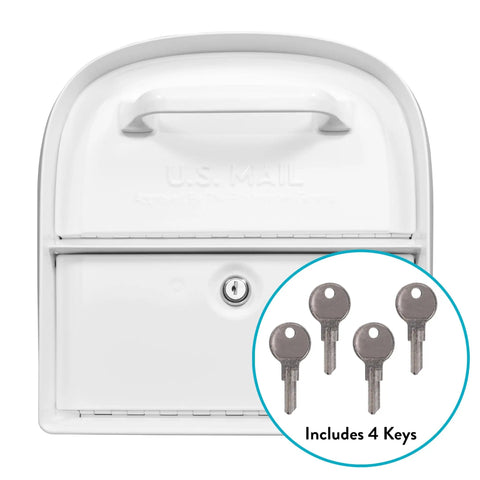 Oasis 360 Post Mounted Mailbox White, Heavy Duty Steel Build, Rust-Resistant Powder Coat, front view with locking feature and 4 keys