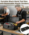 Heavy Duty Steel Toolbox With Removable Dividers, Portable Storage Case With Lockable Latch, Black Finish in workshop