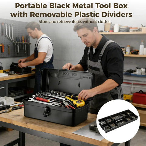 Heavy Duty Steel Toolbox With Removable Dividers, Portable Storage Case With Lockable Latch, Black Finish in workshop