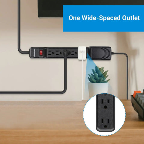 Surge Protector Power Strip With 12 Ft Extension Cord Flat Plug 6 Outlets One Wide Spaced Socket For Bulkier Plugs 500J Surge Protection 15A Circuit Breaker Wall Mountable UL Listed Black, showing one wide-spaced outlet in use with a bulky plug while mounted on a wall.