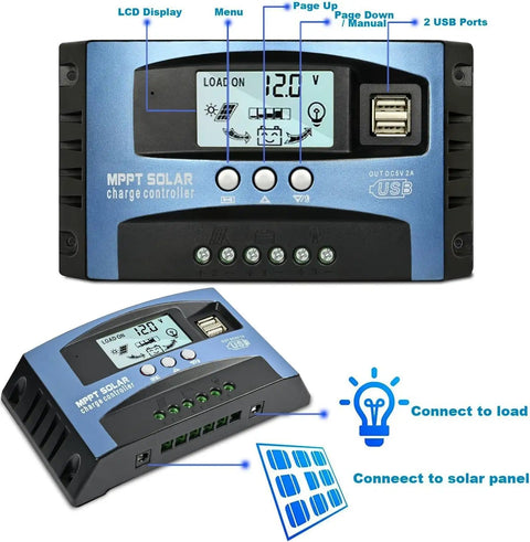 100A MPPT Solar Charge Controller For 12V And 24V Systems With Dual USB Ports, LCD Display And Timer On Off