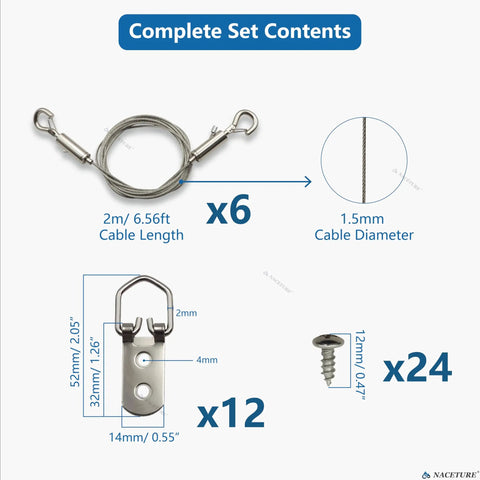 Complete set contents of Picture Frame Safety Hanging Kit Set 6 Pack With 2 Meter Steel Cables And 12 Double Hole D Ring Hangers