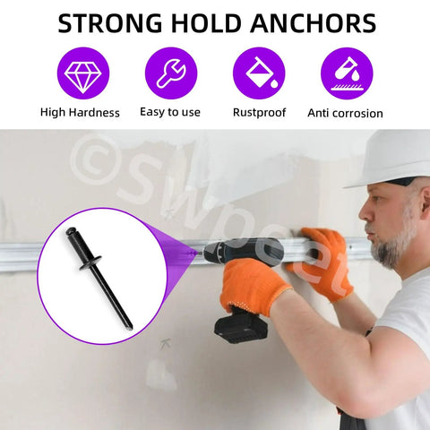 Worker installing metal with 130Pcs 7 Sizes Black Large Flange Aluminum Blind Rivets Kit For Metal, Furniture And Automotive Projects