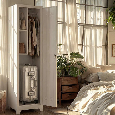 Slim Broom Storage Cabinet With Shelves And Hanging Rod Locking Door Metal Cabinet for tight spaces in room corner