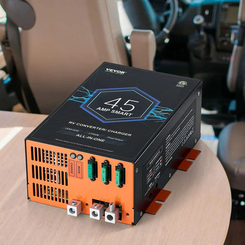Straight Up Solid 45 Amp RV Converter 120V AC To 12V DC Smart Battery Charger installed in RV interior.