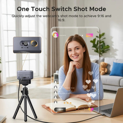 Next Level 4K Webcam Works Like a Dream With Super Crisp 60 FPS Output For PCs And Macs Featuring a Premium Half Inch Sony Sensor Plus Killer Low Light Performance Built Straight For Streamers And Remote Pros Who Want Flawless Video Quality, showing adjustable shot mode with a woman smiling.