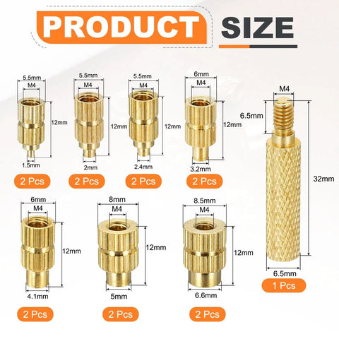 Product size chart of Heat Set Insert Tool With 14 Tips And Soldering Iron Adapter For 3D Printing Plastic Parts M2 To M8 Threaded Inserts Brass Insert Nuts For Permanent Metal Threads.