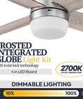 Close-up of 44 Inch Modern Indoor LED Ceiling Fan With Light And Remote, featuring frosted globe light and silver dual finish blades.