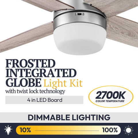 Close-up of 44 Inch Modern Indoor LED Ceiling Fan With Light And Remote, featuring frosted globe light and silver dual finish blades.