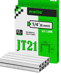 Heavy Duty 22 Gauge JT21 Staples 1/4 Inch Length With 7/16 Inch Crown 1600 Count Pack in carton with galvanized steel staple design.