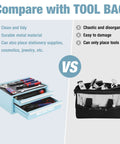 Comparison of Small But Mighty 12.5 Inch Metal Tool Box With Two Drawers, Open Top Storage versus tool bag