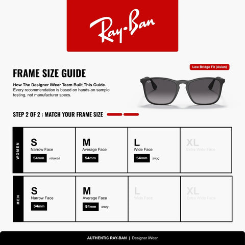 Frame size guide for Unisex RB4187F Chris Low Bridge Fit Square Sunglasses With Rubberized Black Frames And Light Grey Gradient Lenses