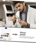 Man using eyeglass repair kit with screws and nose pads for quick glasses fixes, showing tools and components for eyewear maintenance.