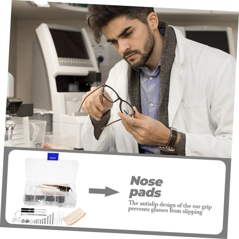 Man using eyeglass repair kit with screws and nose pads for quick glasses fixes, showing tools and components for eyewear maintenance.