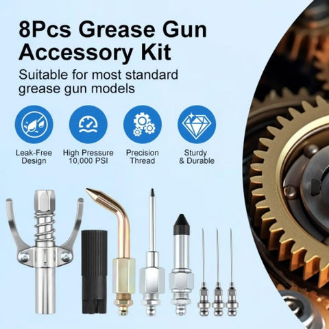 Eight Piece Grease Gun Tips Kit With Needle Nozzles Dispenser Lock And Lube Coupler visible against mechanical gear background.