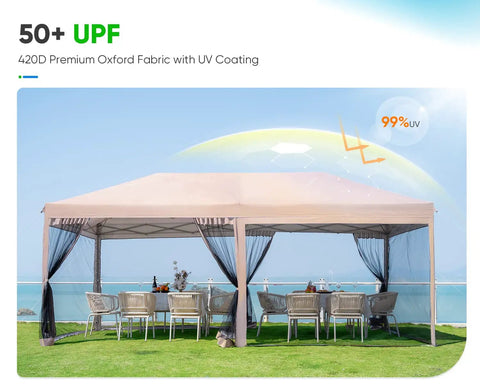 10x20 Pop Up Screened Canopy Tent With Mosquito Netting set up on a lawn, showcasing UV protection in an outdoor setting.