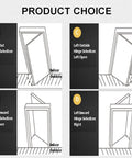 Diagrams showing concealed 3D invisible door hinge for wooden doors with 180-degree swing options left open black finish. Focus on indoor and outdoor hinge placements.