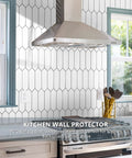 Ultra Easy Hexagon Peel And Stick Backsplash Tile 12.8 x 12.8 Inch White PVC Self Adhesive Mosaic installed in kitchen behind stove