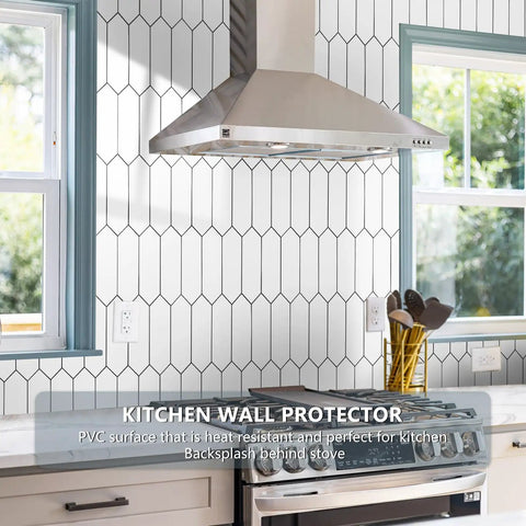 Ultra Easy Hexagon Peel And Stick Backsplash Tile 12.8 x 12.8 Inch White PVC Self Adhesive Mosaic installed in kitchen behind stove
