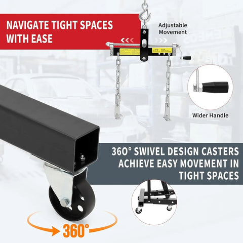 Badass 2 Ton Hydraulic Engine Hoist Folding Cherry Picker Crane with adjustable boom and 360° swivel caster wheels for easy navigation.