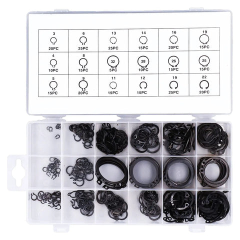 Durable 300 Piece C Clip Retainer Ring Fixing Kit for Automotive and Machinery in open box showing assorted sizes