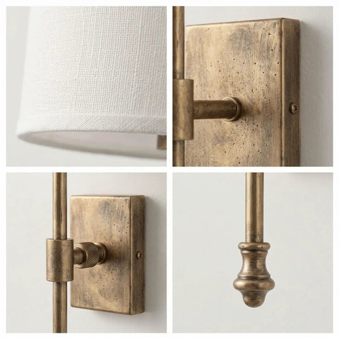 Fabric Shade Wall Sconce Vintage Brass Metal Lamp Bedside Indoor Lighting close-up of fabric shade and metallic arm details.