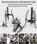 Hardcore Heavy Duty Gear Extractor Tool With Three Jaw Bearing Puller for No Sweat Pulley and Flywheel Removal forged from industrial grade steel.