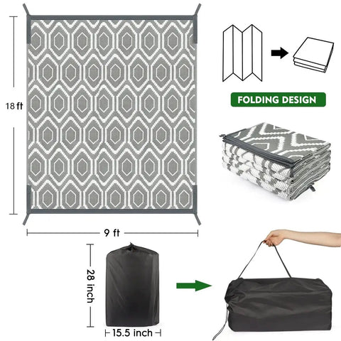 9x18 Reversible Outdoor Camping Rug Weatherproof Patio Mat For RV Beach Backyard Deck And Picnic Two Gray And White Patterns
