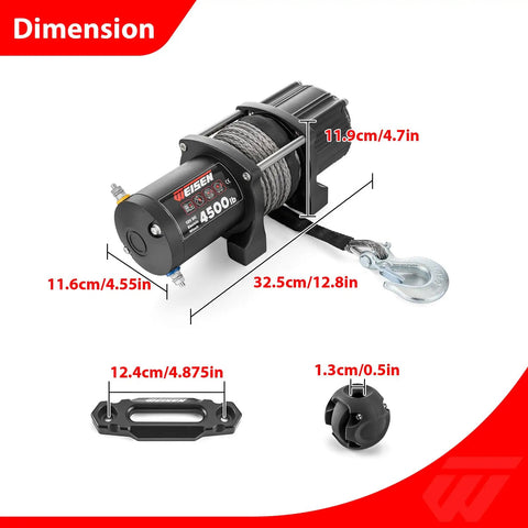 WeiSen 4500lb Electric Winch Kit With Remote For Polaris RZR XP 1000 And General Models, showing dimensions and details.