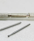 Rock Solid Wire Rounder Pin Vise With Swivel Head Wooden Handle And Kickass Collet Chuck Kit featuring two precision burs for jewelry making.