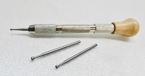 Rock Solid Wire Rounder Pin Vise With Swivel Head Wooden Handle And Kickass Collet Chuck Kit featuring two precision burs for jewelry making.